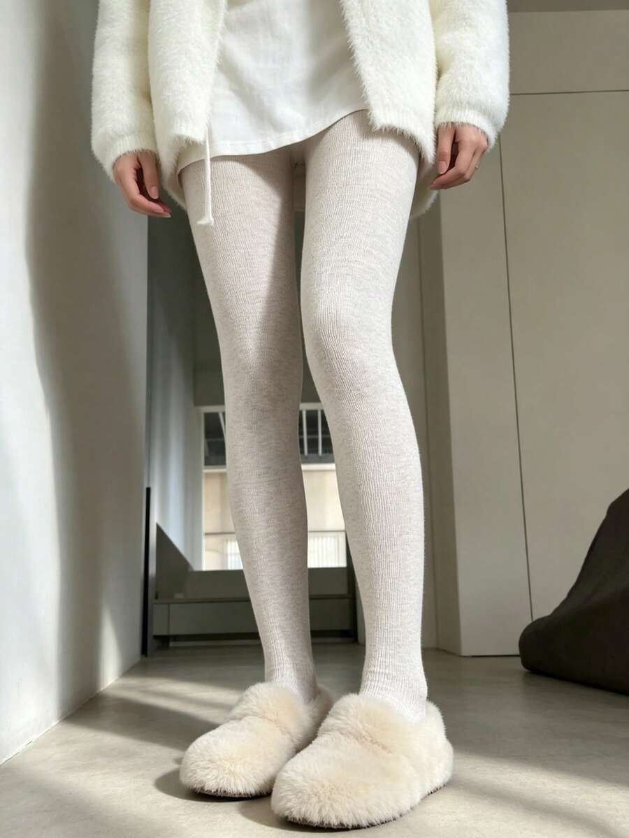 Women's Tight Leggings, Solid Color Knitted Texture Tights, Slim Fit Elastic Pantyhose, Casual Full Length Socks, Suitable For Autumn/Winter Daily Wear - Multicolor - View 1