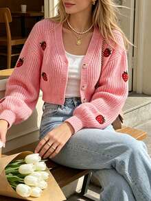 Women's Autumn/Winter V-Neck Button-Up Short Knit Cardigan With Strawberry Embroidery, Suitable For Daily Wear - Pink - View 4