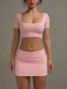 Short Fitted Double-Layer Yoga Fabric Square Neck Top, Summer - Baby Pink - View 1
