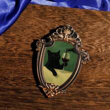 1pc Wooden Pin Badge, Black Frame Design, Red Wine Cat Pattern - Brooch For Hat, Clothing And Bag Decoration, Personalized Accessory For Hat Decoration - one-size - View 4