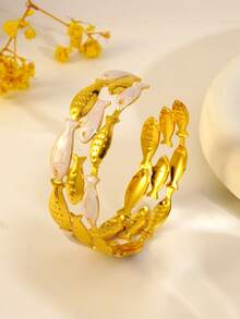VceTd 1 buah Gelang Bangle Terbuka Stainless Steel Desain Ikan Enamel Warna-warni Gaya Lucu untuk Wanita, Cocok untuk Pernikahan, Perjalanan atau Hadiah Hari Valentine untuk Orang Tercinta - Yellow Gold - View 8