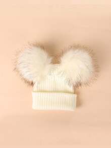 Baby Girl Faux Fur Double Pom Pom Warm Knit Hat, Suitable For Autumn/Winter - White - View 3