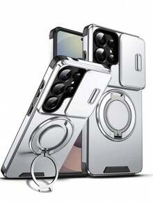 適用於 Galaxy S26 Ultra S25 Ultra S24 Ultra S23 Ultra S22 Ultra 手機殼，附可滑動相機蓋 +【全方位相機保護】360°旋轉環支架 車用磁吸支架 磨砂質感 防震保護殼 - 銀色 - 查看 4