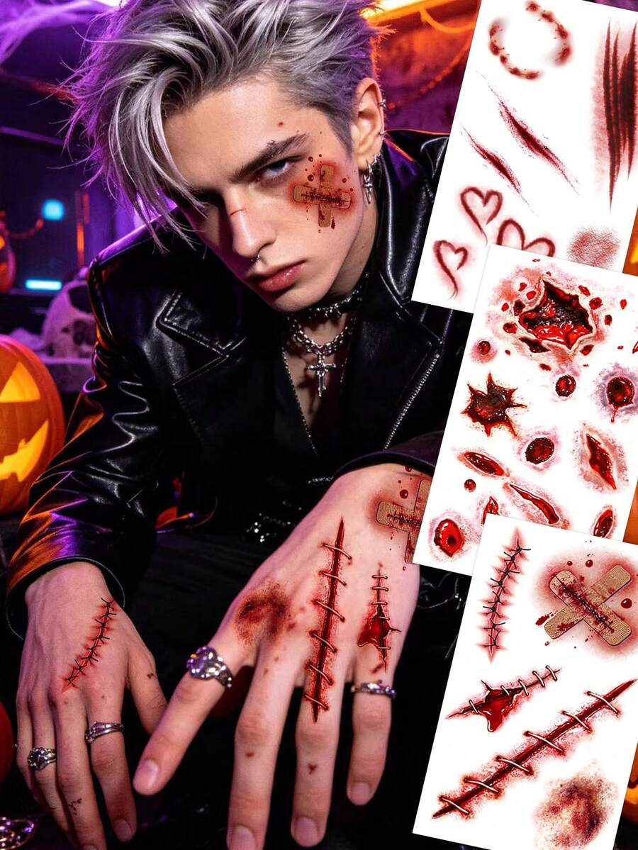 3pcs Red Halloween Temporary Tattoo Stickers - Red - View 1