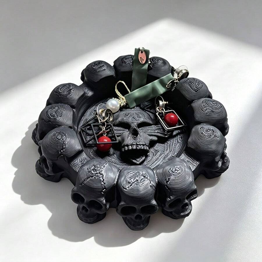 2pcs Skull Relief Storage Tray, Vintage Gothic Style Desktop Jewelry & Key Organizer, Creative 3D Printed Decorative Tray - View 1