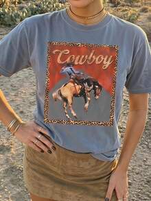 Vintage Cowboy Print Washed Cotton T-Shirt - Grey - View 2