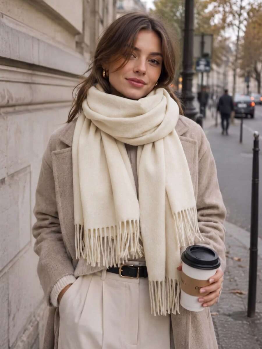 1pc Women's Casual Solid Color Cashmere Scarf, Suitable For Winter Morning And Evening Outings, Warm And Protective - Milky White - View 1