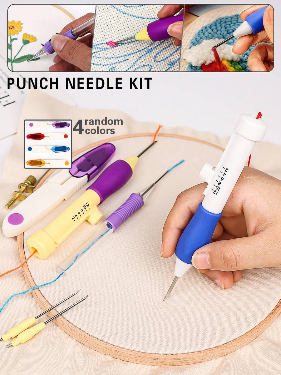 1 Set DIY Punch Needle Embroidery Tool Kit, Includes 1 Fixed Length Punch Needle, 1 Interchangeable Needle Head Punch Needle And 1 Random Color Covered Scissors - A - View 1