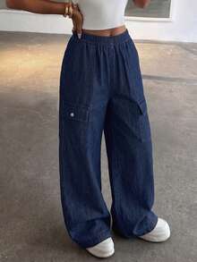 Teen Girls Y2K Street Style Denim Effect Cargo Pants, Autumn Outfit Elastic Waist Multi-Pocket Loose Wide Leg Floor Length Trousers - Blue - View 1