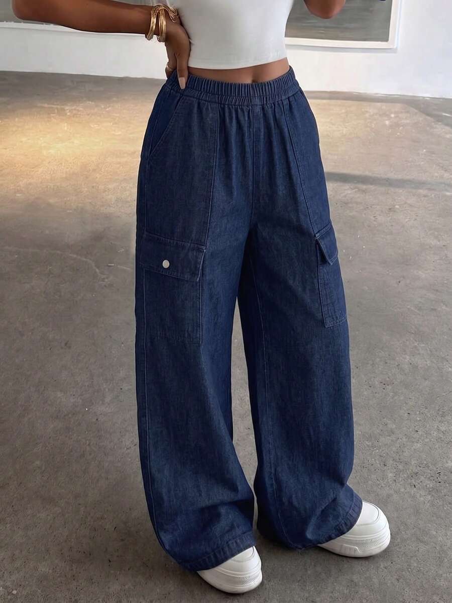 Teen Girls Y2K Street Style Denim Effect Cargo Pants, Autumn Outfit Elastic Waist Multi-Pocket Loose Wide Leg Floor Length Trousers - Blue - View 1
