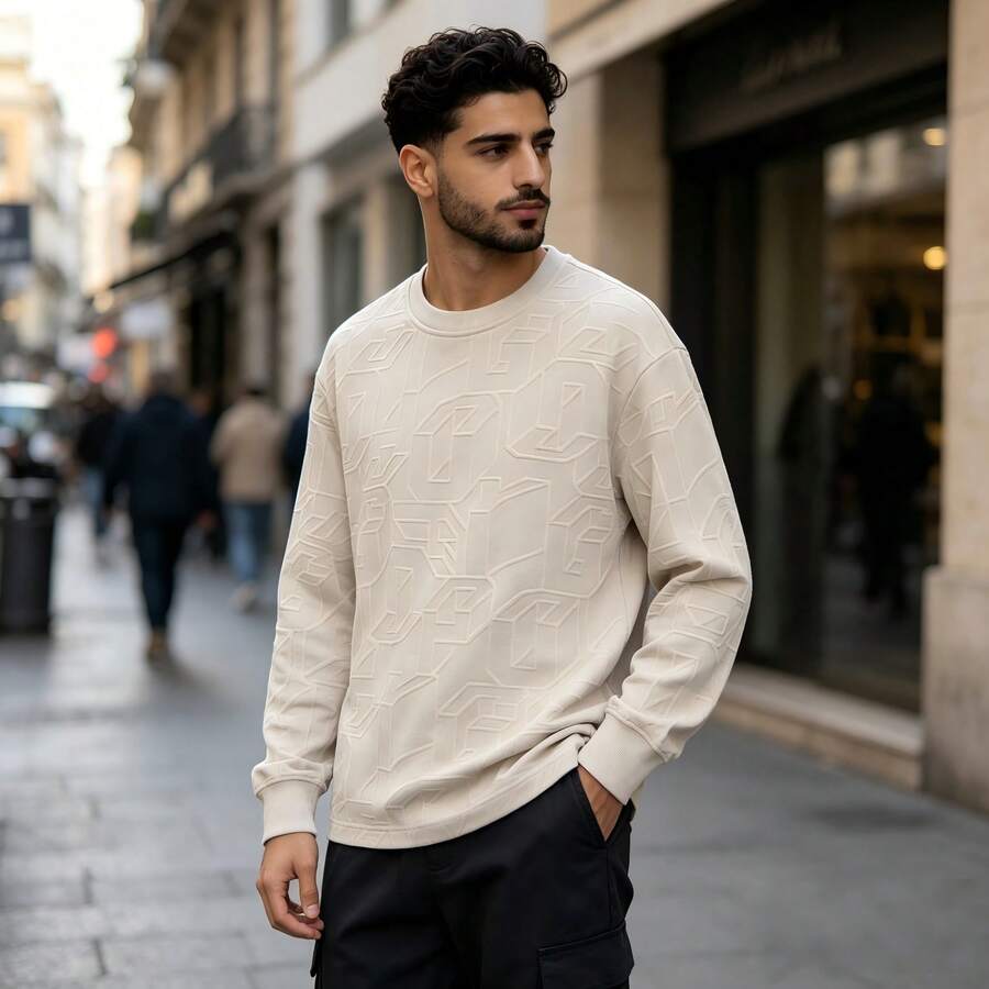 Fashion Casual Textured Fabric Men's Crew Neck Long Sleeve T-Shirt - Khaki - View 1