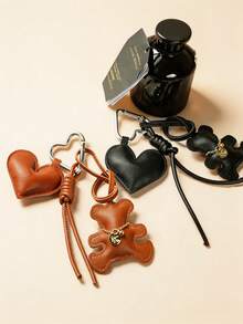 Vintage PU Bear & Heart Bag Charm Keychain, Heart Pendant With Knotted Leather Strap, Car Keychain, Purse Decor, Bag Accessory, Gift For Women - Multicolor - View 2