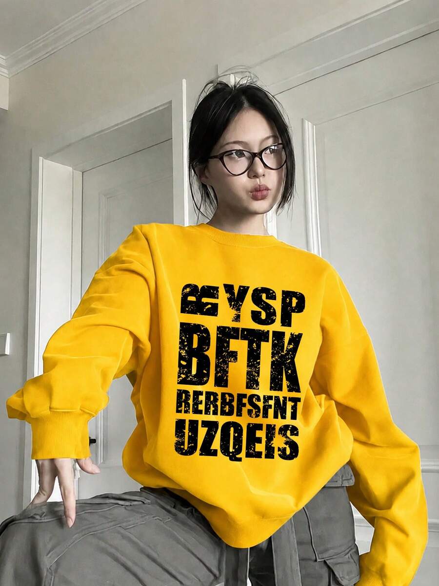 Japanese Streetwear Women's Crew Neck Sweatshirt, Minimalist Letter Print, Autumn Lazy Loose Versatile Top - Yellow - View 1