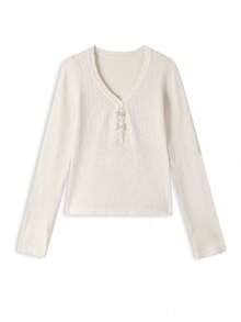 Korean Style Sexy Hollow Lace V-Neck Bow Inner Layer Knit Sweater For Women - Apricot - View 5