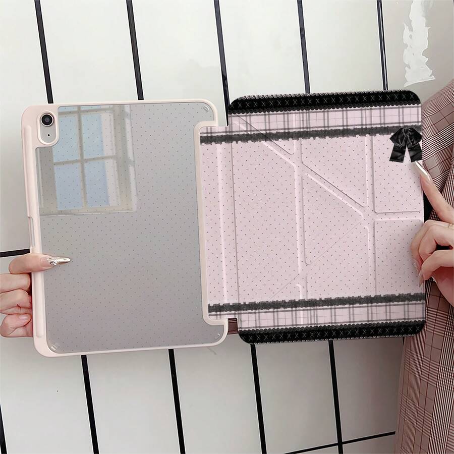 粉色波點黑色蕾絲格紋蝴蝶結裝飾平板保護殼，附筆槽，相容 iPad 第 10 代/Pro/Air 13/Air 11/11(A16 2025)/相容 Galaxy S9/S7/S10+/相容 Galaxy Tab S6 Lite 10.4 吋/相容 MatePad