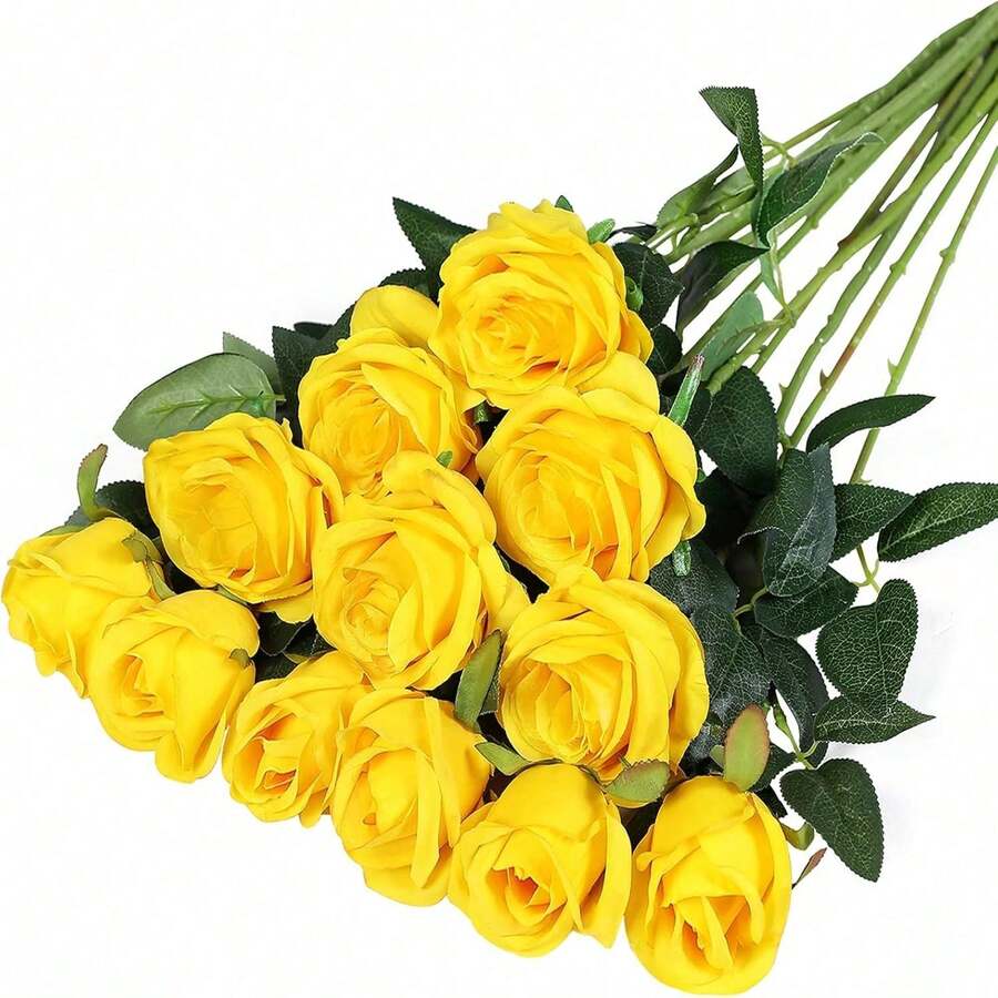 40pcs Yellow 20-Inch Artificial Rose Flowers, High-End Fake Roses, Suitable For Home Decor, Room Decor, Dining Table Decor, Wedding Decor, Bridal Bouquet, Wrist Corsage, Flower Arrangement. Suitable For Home, Restaurant, Bedroom, Vase Decoration. - Yellow - View 1