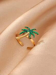 Anillo colgante de árbol de palma chapado en oro de 18k, anillo de árbol de coco con esmalte verde, anillo de Charm de árbol tropical de acero inoxidable, regalo de joyería de planta verde para uso diario - 1 - Ver 1