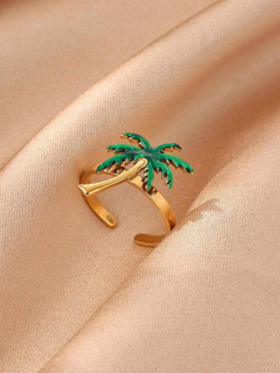 Anillo colgante de árbol de palma chapado en oro de 18k, anillo de árbol de coco con esmalte verde, anillo de Charm de árbol tropical de acero inoxidable, regalo de joyería de planta verde para uso diario - 1 - Ver 1
