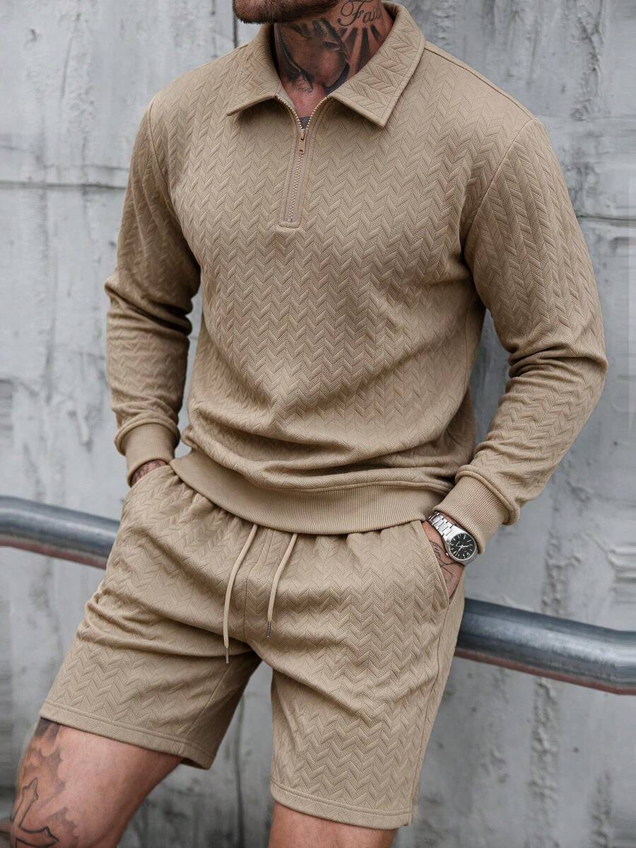Men's Casual Daily Textured Solid Color Drawstring Short Sleeve & Long Pants 2 Pieces Set 74.8 Men's Pullover Sweatshirt Set - Khaki - View 1
