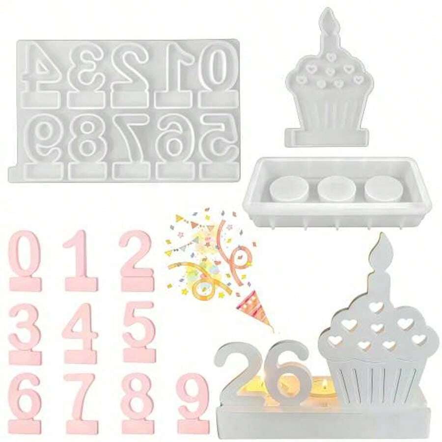 3-Piece Birthday Celebration Mold Set, DIY Casting Molds For Numbers 0-9, Letters & Candle Holders & Number Candles, Birthday Decoration, Perfect As A Gift For Family And Friends, Atmosphere Decor, Creative Gift - Multicolor - View 1