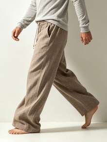 Vaulklash Casual Straight Leg Pants In Faux Linen Fabric For Men - Coffee Brown - View 3