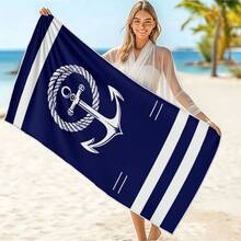 1pc Blue & Navy Blue Anchor Pattern Beach Towel, Nautical Style Polyester Rectangular Large Bath Towel, Suitable For Women's Vacation And Poolside Use - Multicolor - View 2