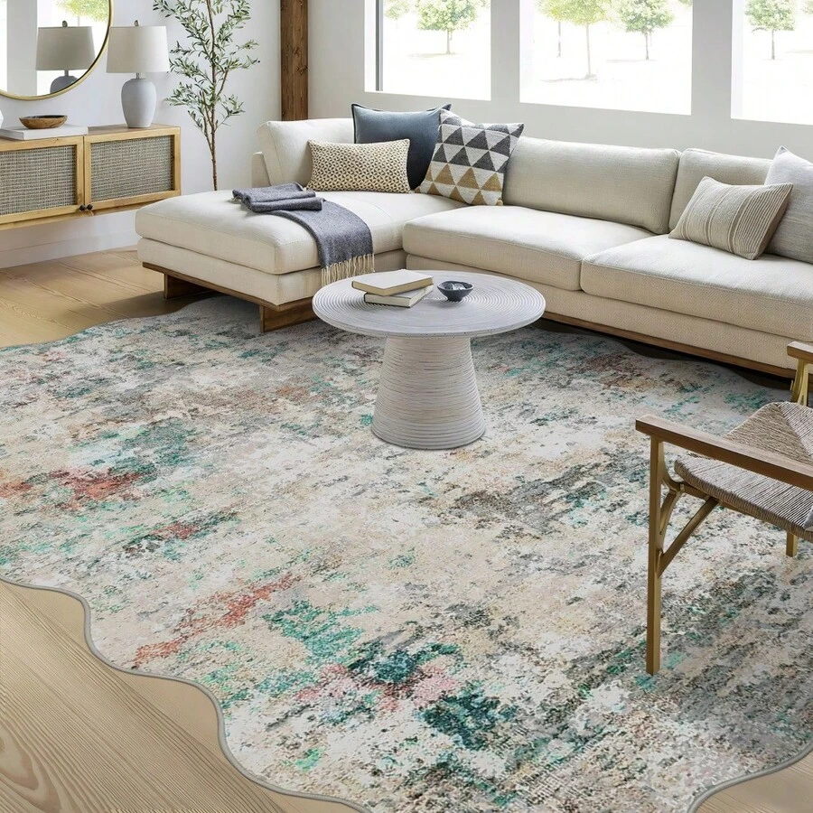 Wanfeeso Scalloped Edge Abstract Area Rug, Distressed Vintage Washable Carpet, Modern Boho Non-Slip Soft Floor Mat For Living Room Bedroom Home Decor - Multicolor - View 1