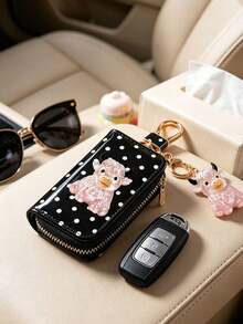 2D Crystal Cow Print Niche Key Pouch, Polka Dot Leather Car Key Protective Cover, Lightweight Anti-Scratch Keeps Keys Like New, Suitable For Daily Commute And Self-Driving Trips, Designed For Car Owners Who Value Personalized And Protection, Also A Great Gift For Holidays And Birthdays, A Thoughtful Little Gift For Yourself Or Friends And Family, Brighten Up Key Storage Details, Add Unique Style To Daily Travel - Multicolor - View 1