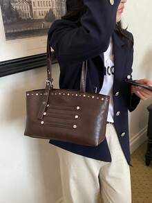 New Vintage-Style Rivet-Embellished PU Women's Tote Bag: Fall/Winter Large-Capacity Shoulder Bag-Versatile Brown Handbag For Shopping And Commuting - Coffee - View 8