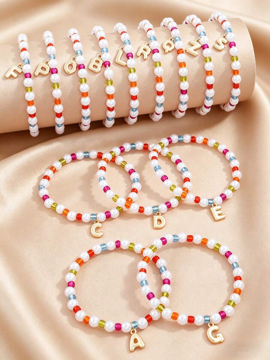 1件裝彩色珠飾字母 A-Z 吊飾人造珍珠彈力手鍊 波希米亞風可疊戴友誼手鍊 適合兒童女孩日常配戴的珠寶禮物 - 彩色 - 查看 1