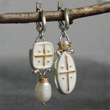 Asymmetric Color-Block Enamel Cross Matte Pendant Ear Clips, Niche Luxury Women's Earrings, Suitable For Commuting And Dating - Multicolor - View 1