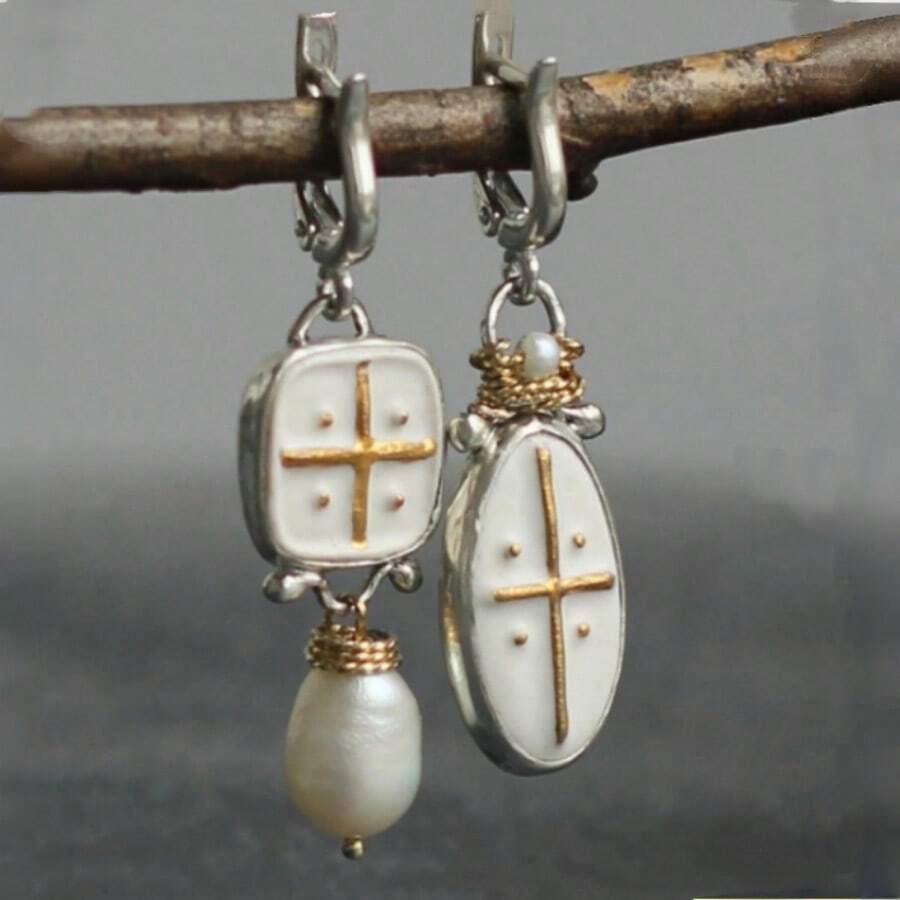 Asymmetric Color-Block Enamel Cross Matte Pendant Ear Clips, Niche Luxury Women's Earrings, Suitable For Commuting And Dating - Multicolor - View 1