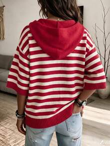 Plus Size Women Red Colorblock Striped Hooded Knit Top, 3/4 Sleeve Drawstring Loose Long Fashion Street Style Sweater - Red - View 5