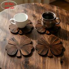 1pc Walnut Wood Coasters Suitable For Home Bars, Rustic Table Protectors With Four-Leaf Clover, Hand Washable Cup Holders For Coffee Tea Cups, Desktop Coaster Set For Gifts (Walnut-Colored), 2D Flat - View 2