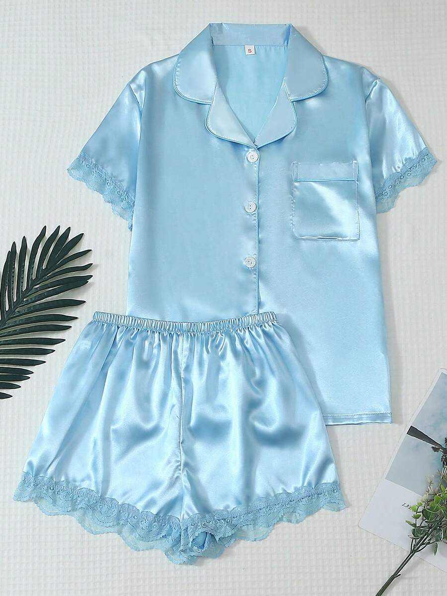 2件組緞面短袖蕾絲領上衣與蝴蝶結短褲女款睡衣家居服套裝 - 淺藍色 - 查看 1
