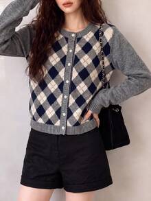 Women's Autumn/Winter Minimalist Casual Vintage Argyle Design Knit Cardigan Jacket - Grey - View 4