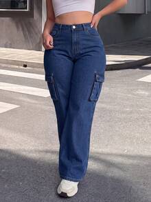 Washed Denim Plus Size Cargo Pants Featuring Practical Pockets And Button Closure With Medium Stretch For Everyday Fashion And Comfort - Blue - View 5