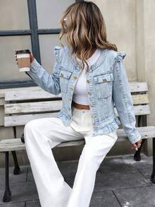 Spring Autumn Casual Versatile Fashion Denim Jacket With Ruched Hem, Long Sleeve, Suitable For College, Vacation, Daily, Birthday Party, Date, Travel, Airport Outfit For Women - Blue - View 6