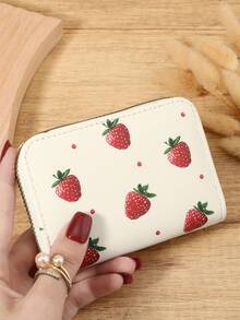 Fashionable Strawberry Printed Simple Portable Coin Wallet Zipper, Multi Slot Simple Credit Card Holder, Multi-Purpose Women's Wallet Card Bag - White - View 10