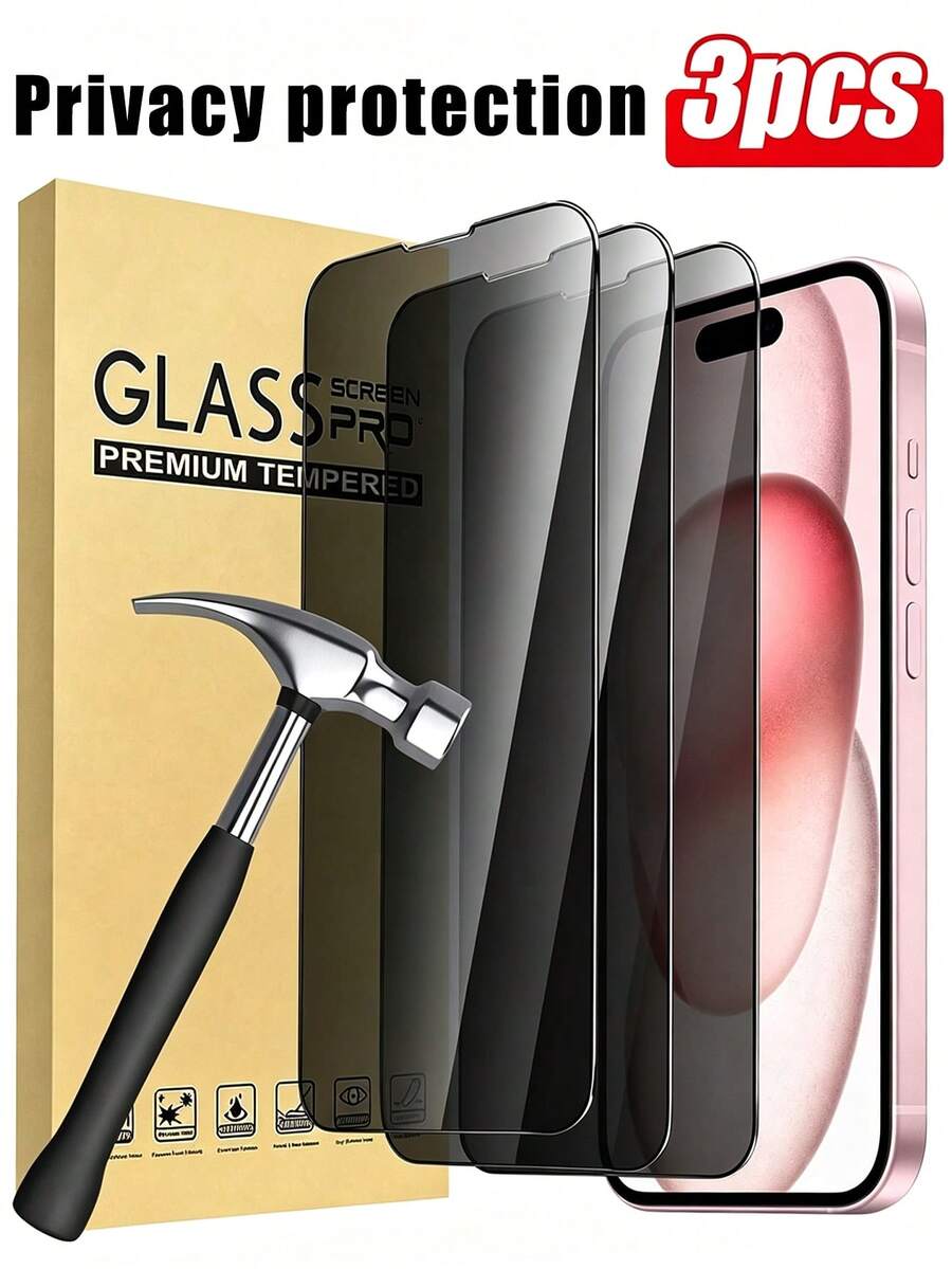 3pcs Privacy Tempered Glass Screen Protector, Compatible With Apple 18 Pro/18 Pro Max/17/17Pro/17Promax/16 Promax/15/14/13/12/11/XS/XR, Anti-Peeping, Anti-Scratch, Anti-Shock, Anti-Oil, Anti-Fingerprint