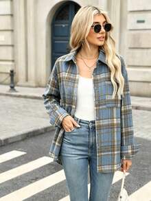 Women's Brushed Plaid Front Button Pocket Casual Shirt Spring - Blue - View 2