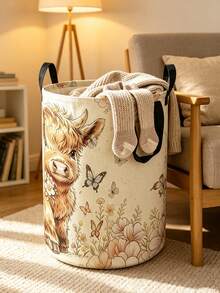 Cute Highland Cow Floral Print Laundry Hamper, Collapsible Large‑Capacity Storage Basket With Handles, Clothes Storage, Unisex, Essential For Daily Home And Dorm Use - Multicolor - View 9
