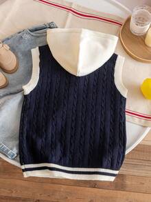 Boys' College Style Colorblock Cable Knit Hooded Half-Zip Sleeveless Sweater Pullover, Suitable For School Daily Casual Wear In Spring, Autumn And Winter - Navy Blue - View 2