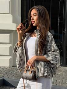 HH Plaid Pilot Jacket Women's Spring/Autumn 2026 Short Loose Long Sleeve Top Casual Zipper Jacket Outdoor Coat White - White - View 7