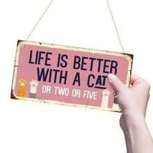 1pc Classic Wooden Cat Sign, "Life Is Better With One Or Two Or Five Cats" Humorous Wall Decor, 3.9x7.8 Inches, Rectangular Hanging Plaque, Home Decor No Electricity Required - Pink - View 3