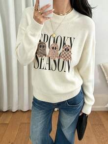 Women's Beige Autumn/Winter Casual Sweater, Multi-Texture Ghost Pattern Round Neck Print, Loose Knit Top Suitable For Halloween Parties And Daily - Beige - View 9