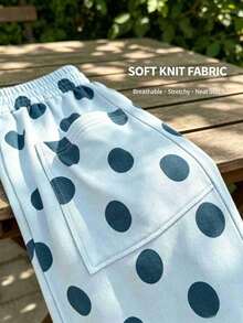 Women's Light Blue Polka Dot Wide Leg Pants, Loose-Fitting Plus-Size Casual Streetwear, Suitable For Back-To-School Shopping, Soft Draped Clothing. - Sky Blue - View 4