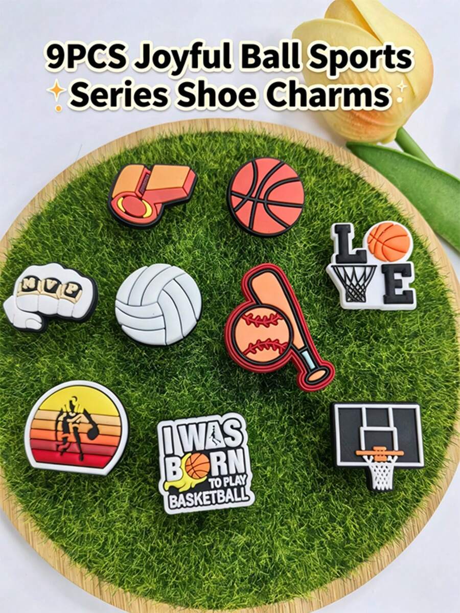 9PCS Cheerful Ball Sports Series Shoe Charms, Energetic Ball‑Game Creative Shapes, Assorted Styles. DIY Your Clogs Freely, Ideal For Daily Decoration - Multicolor - View 1