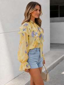 Ruffle Ditsy Floral Romantic Blouse, Layered Ruffle Casual Floral Shirt, Plus Size Women's Blouse For All Seasons Vacation - Yellow - View 4