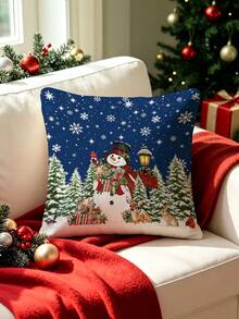 1/2/4pcs Vintage Christmas Night Scene Pillow Covers, Snowman & Forest Animal Pattern, Cozy Winter Home Decor Cushion Cases - Multicolor - View 7